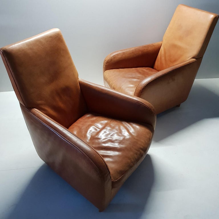 Pair of High Quality Cognac Leather Lounge Chairs by Molinari 'Marked