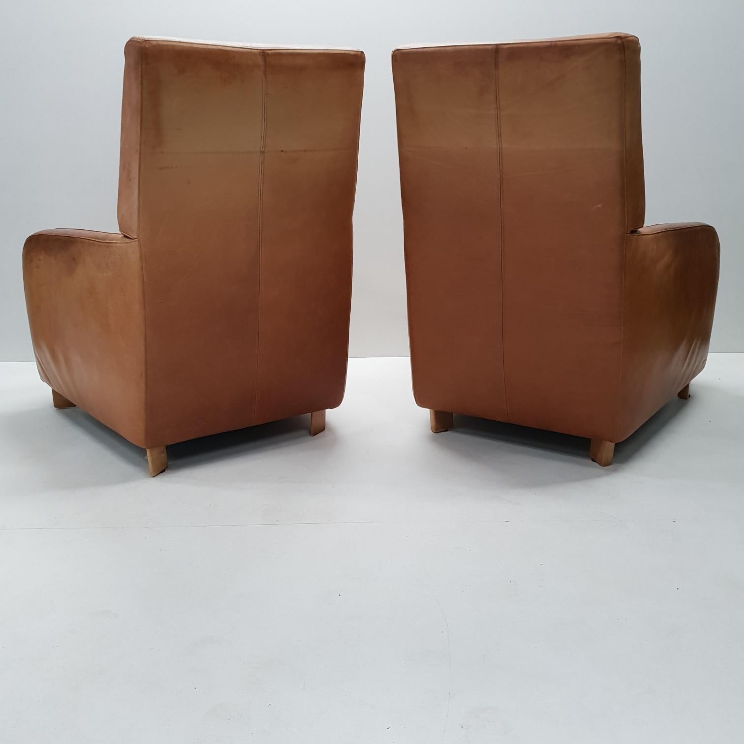 Italian Pair of High Quality Cognac Leather Lounge Chairs by Molinari 'Marked', 1990s