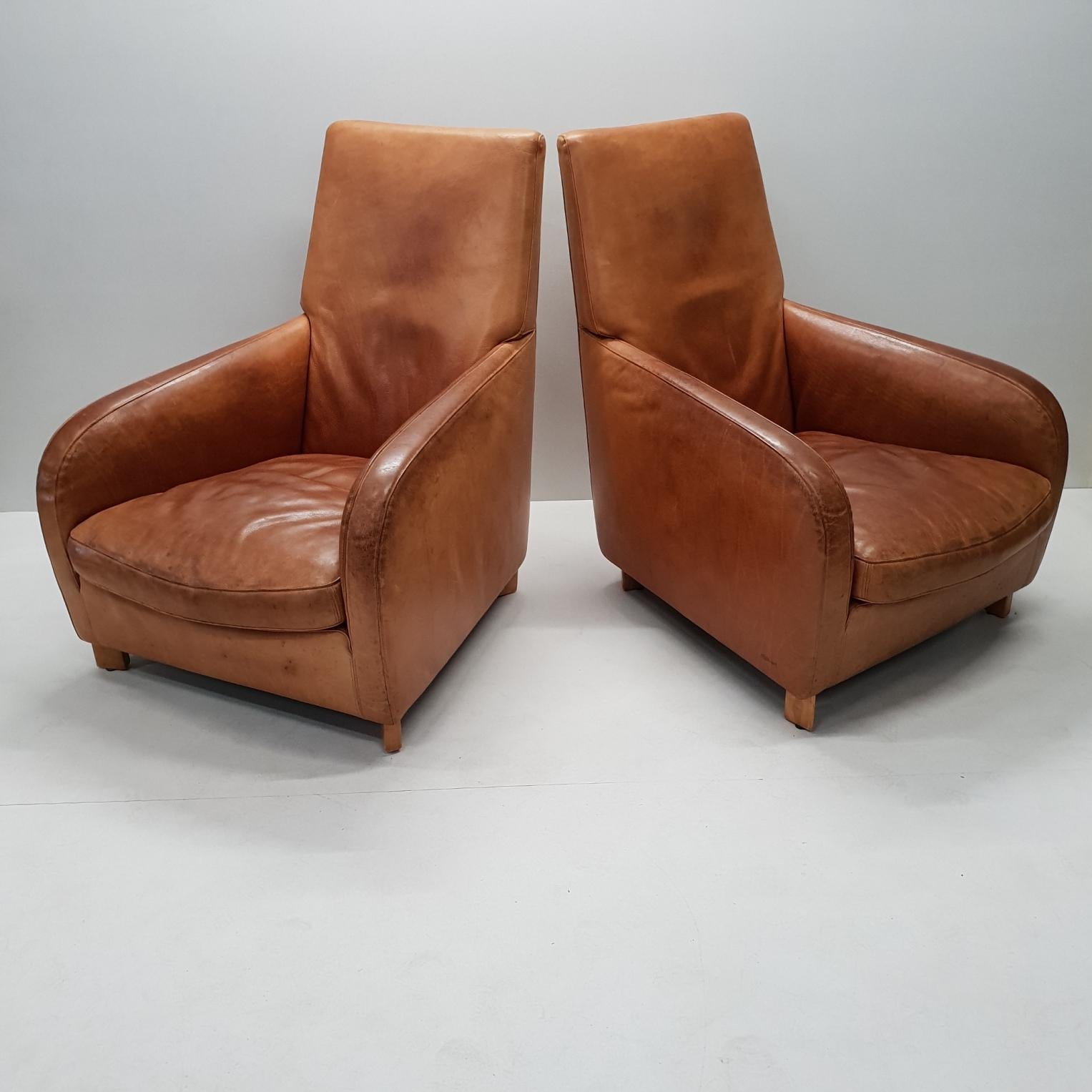 Pair of High Quality Cognac Leather Lounge Chairs by Molinari 'Marked', 1990s In Fair Condition In Valkenswaard, NL