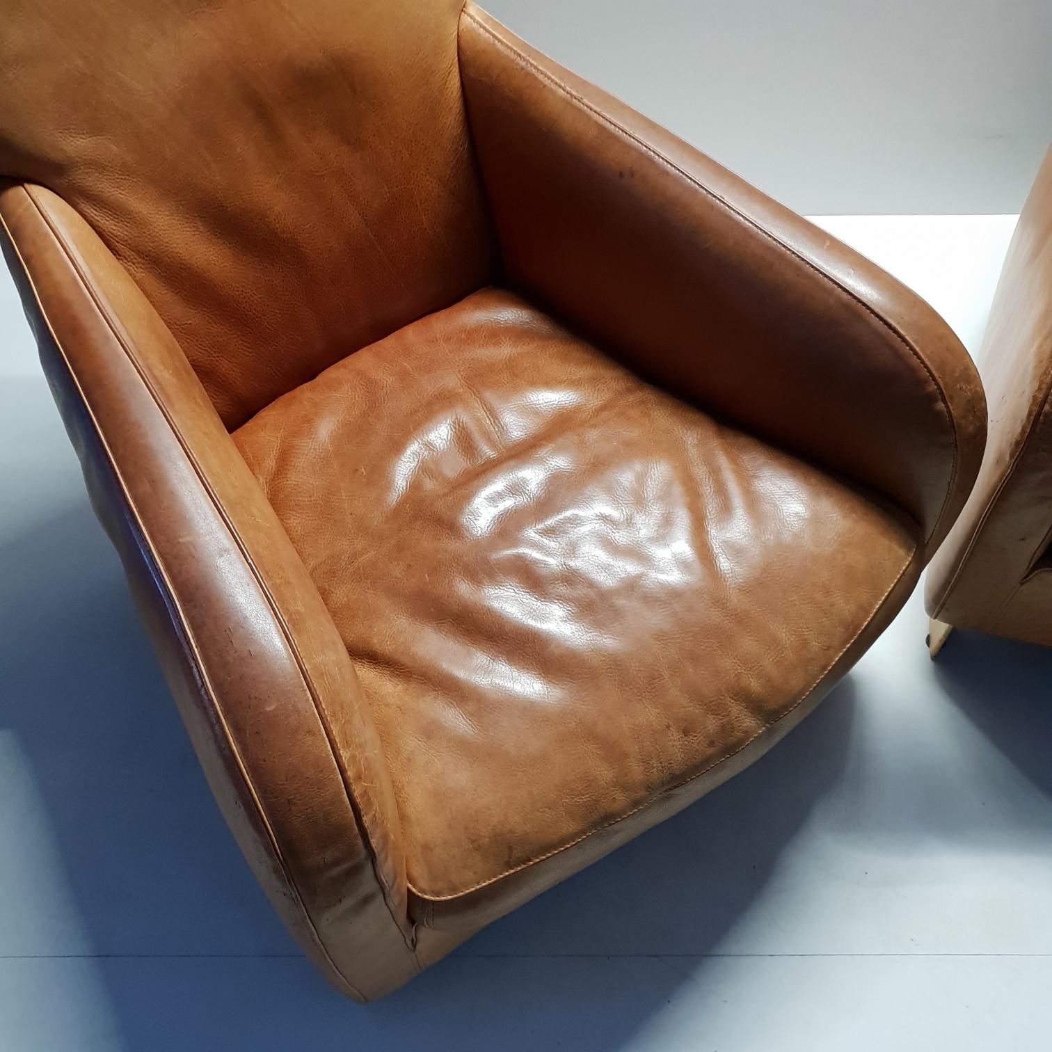 20th Century Pair of High Quality Cognac Leather Lounge Chairs by Molinari 'Marked', 1990s