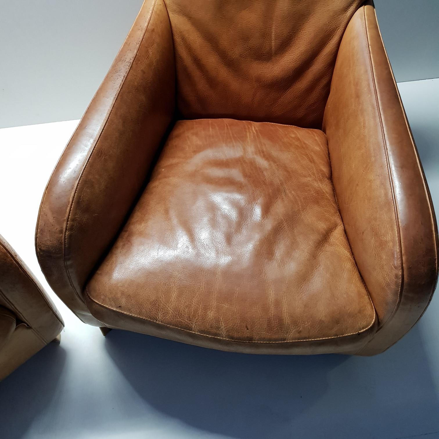 Pair of High Quality Cognac Leather Lounge Chairs by Molinari 'Marked', 1990s 1