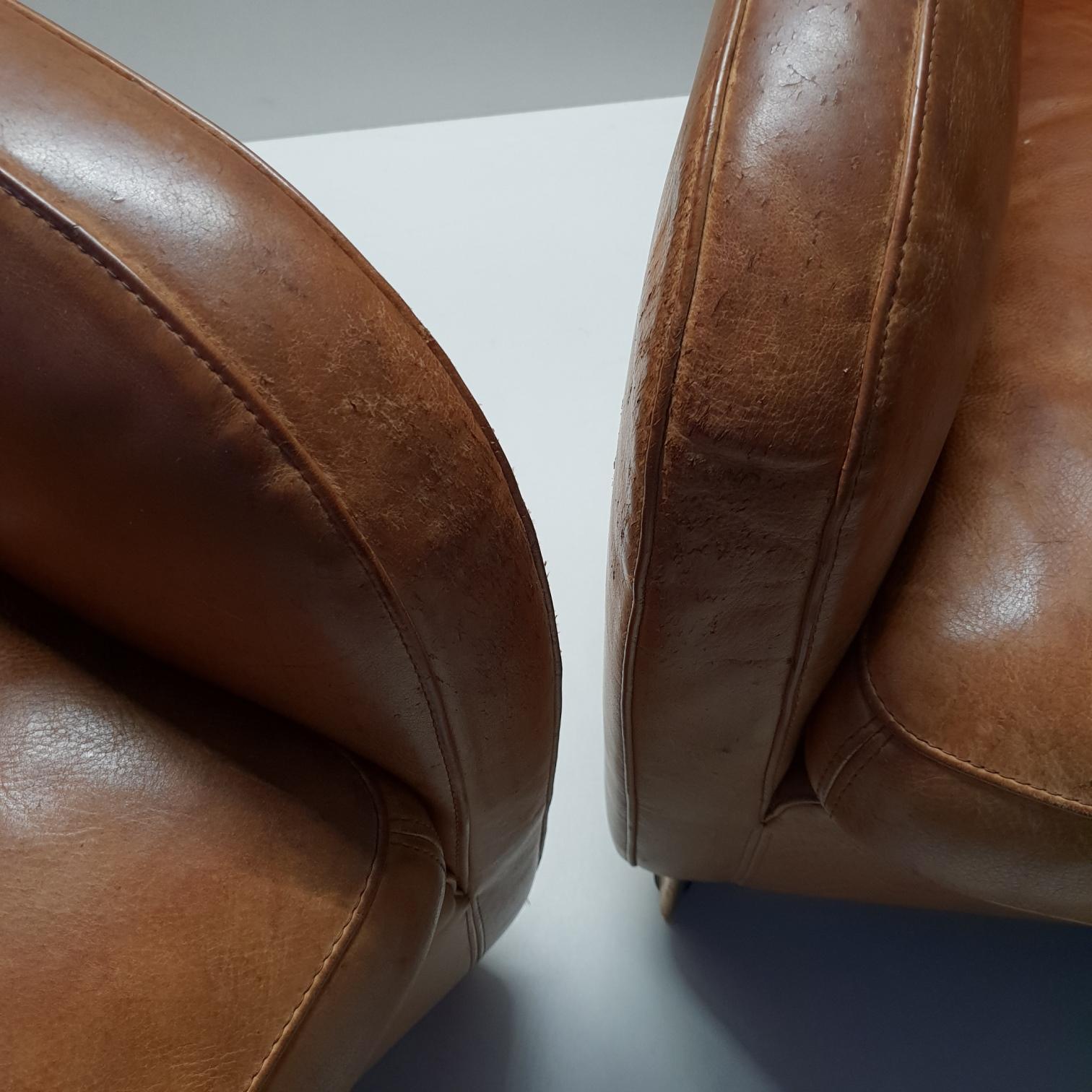 Pair of High Quality Cognac Leather Lounge Chairs by Molinari 'Marked', 1990s 2