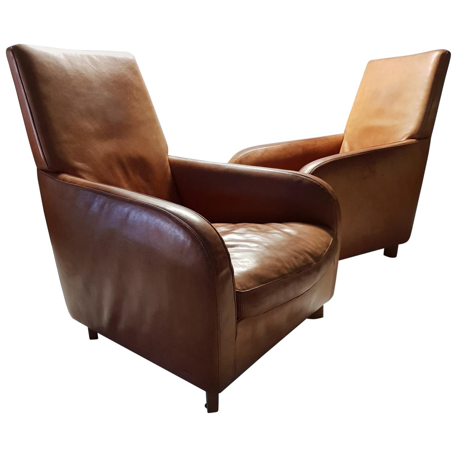 Pair of High Quality Cognac Leather Lounge Chairs by Molinari 'Marked', 1990s