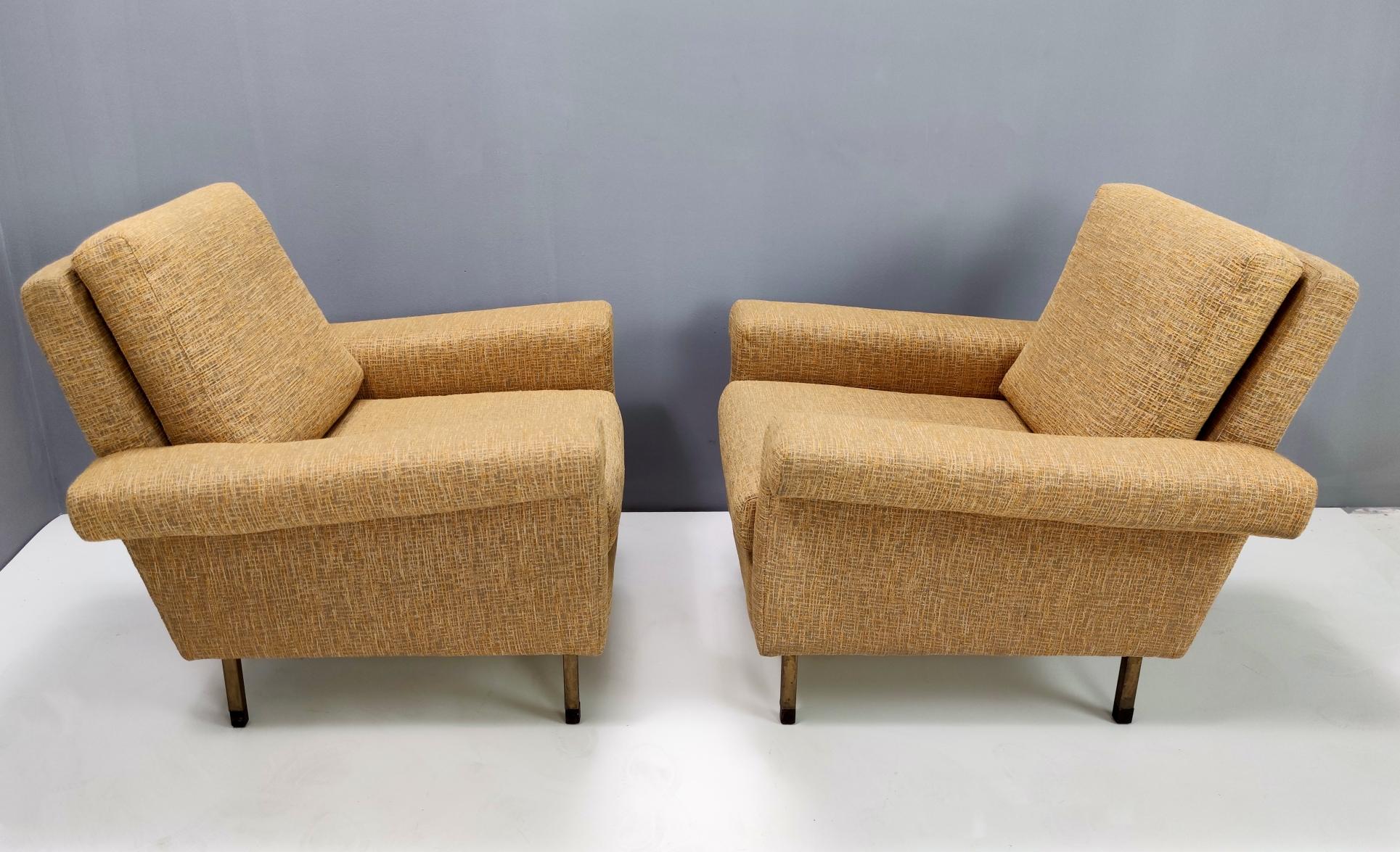 Mid-Century Modern Pair of High-Quality Vintage Honey Yellow Fabric Armchairs, Italy