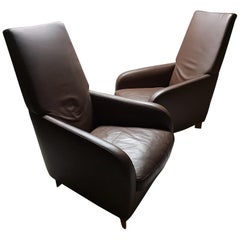 Pair of High Quality Mocca Leather Lounge Chairs by Molinari 'marked', 1990s