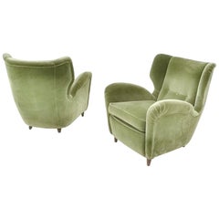 Vintage Pair of High-Quality Olive Green Velvet Armchairs, Italy, 1950s