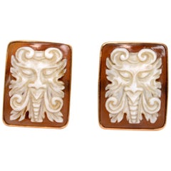 Vintage Pair of High Relief Carved Sardonyx Shell Cameo Cufflinks of a Devil, 14 Karat