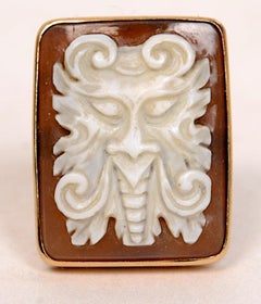 Pair of High Relief Carved Sardonyx Shell Cameo Cufflinks of a Devil, 14 Karat