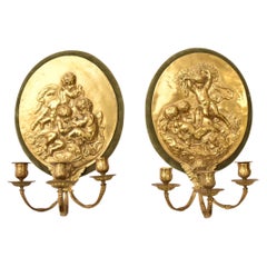 Vintage Pair of High Relief Cast Brass Playful Putti Wall Light Sconces 