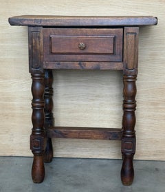 Pair of High Spanish Solid Wood Side Tables with Storage Drawer