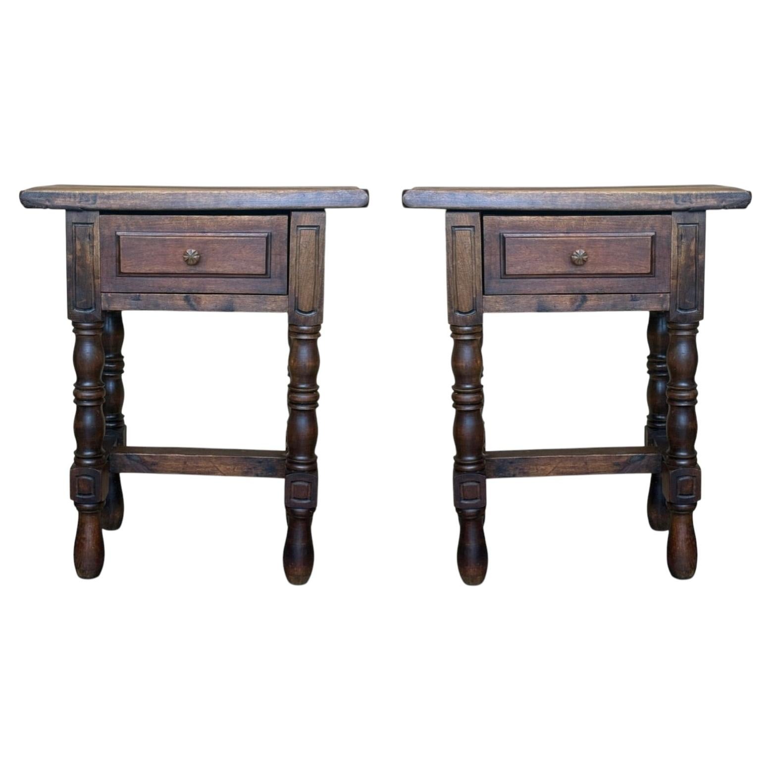 Pair of High Spanish Solid Wood Side Tables with Storage Drawer