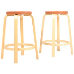 Pair of High Stools, Patinated Leather by Alvar Aalto, Findland, Midcentury