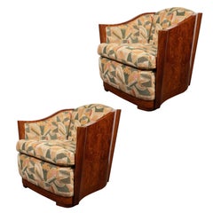 Pair of High Style Art Deco Carpathian Elm Club Chairs in Clarence House Fabric