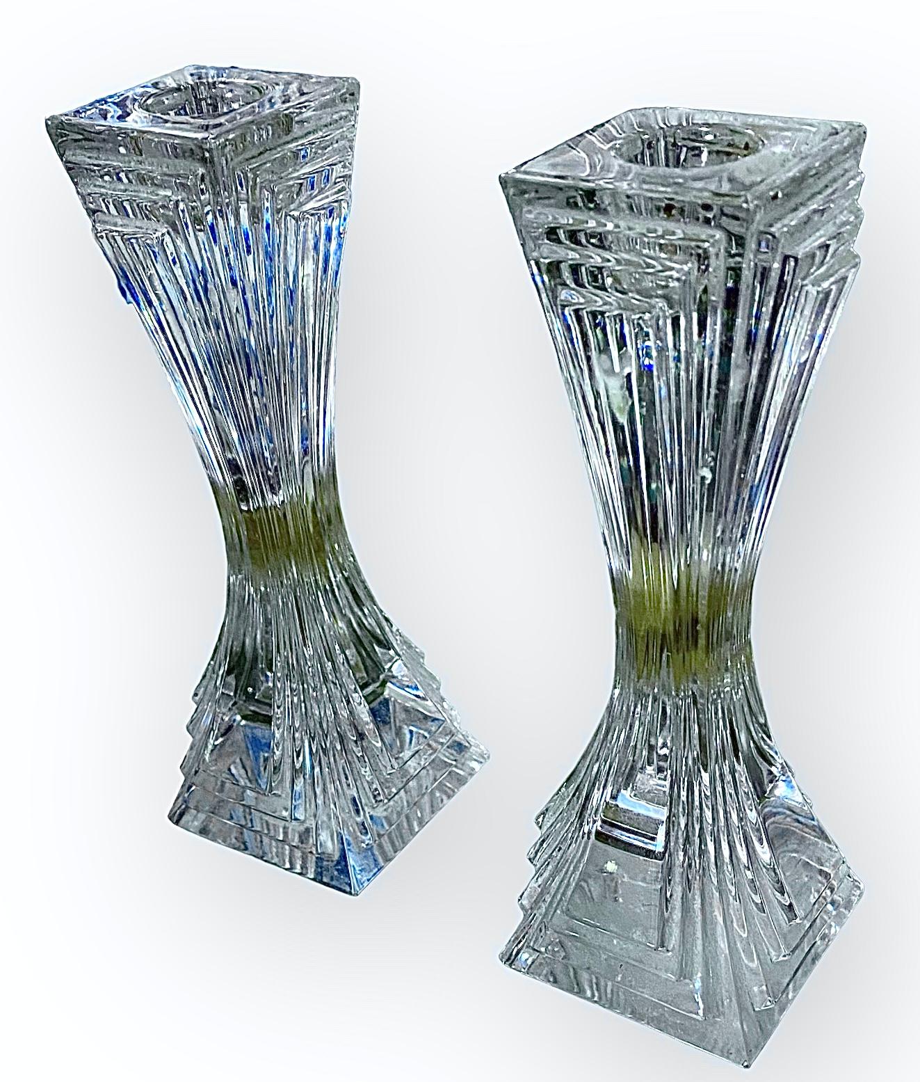Faceted Pair Of High Style Art Deco Crystal Candlesticks