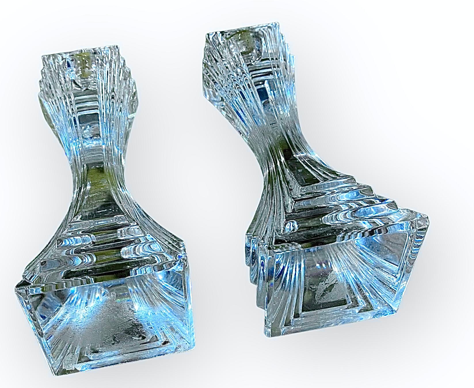 Late 20th Century Pair Of High Style Art Deco Crystal Candlesticks
