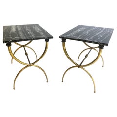 Pair of High Style Brass Based and Marble End Tables in Manner of Gio Ponti