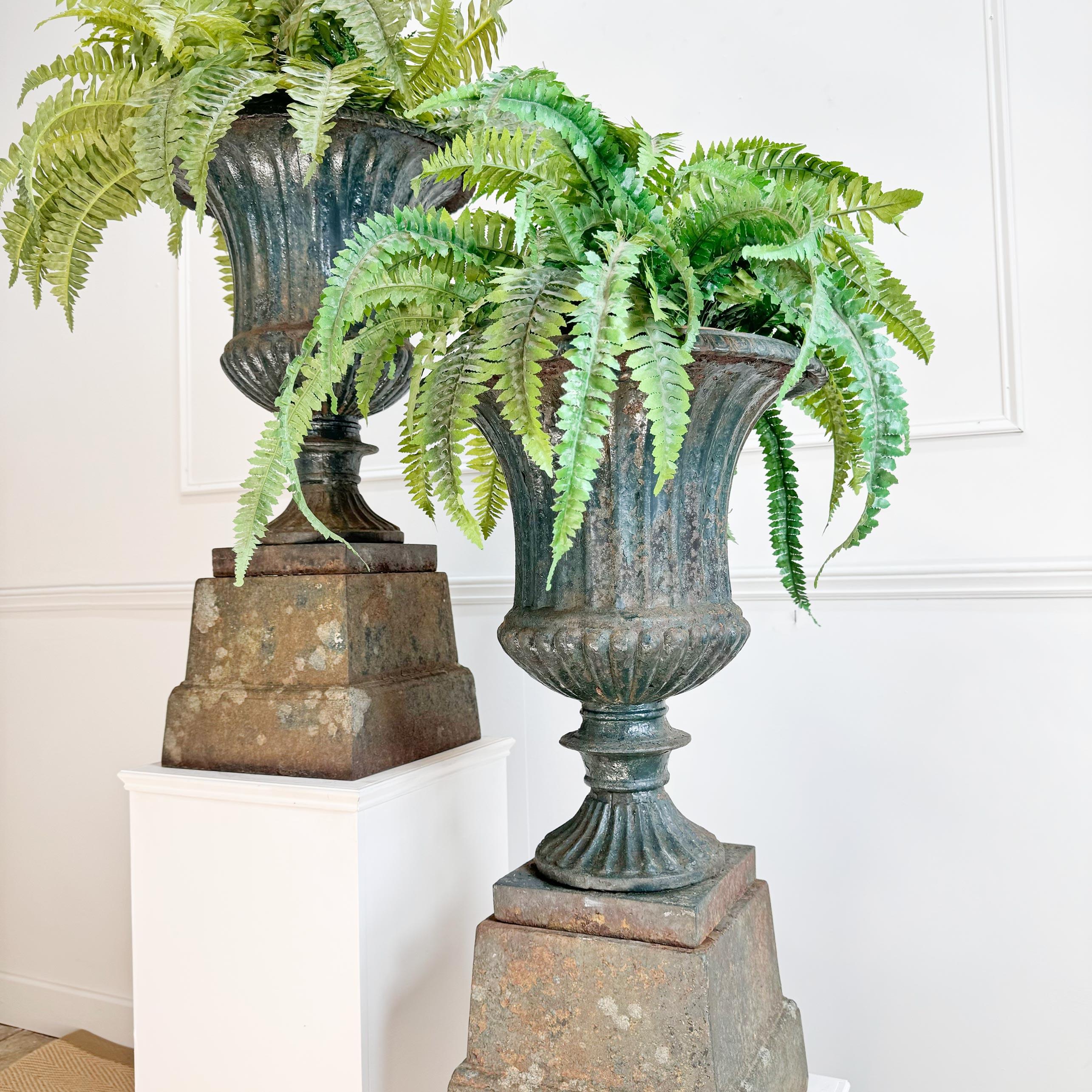 Pair of High Victorian Cast Iron Campana Urns on Plinths For Sale 8