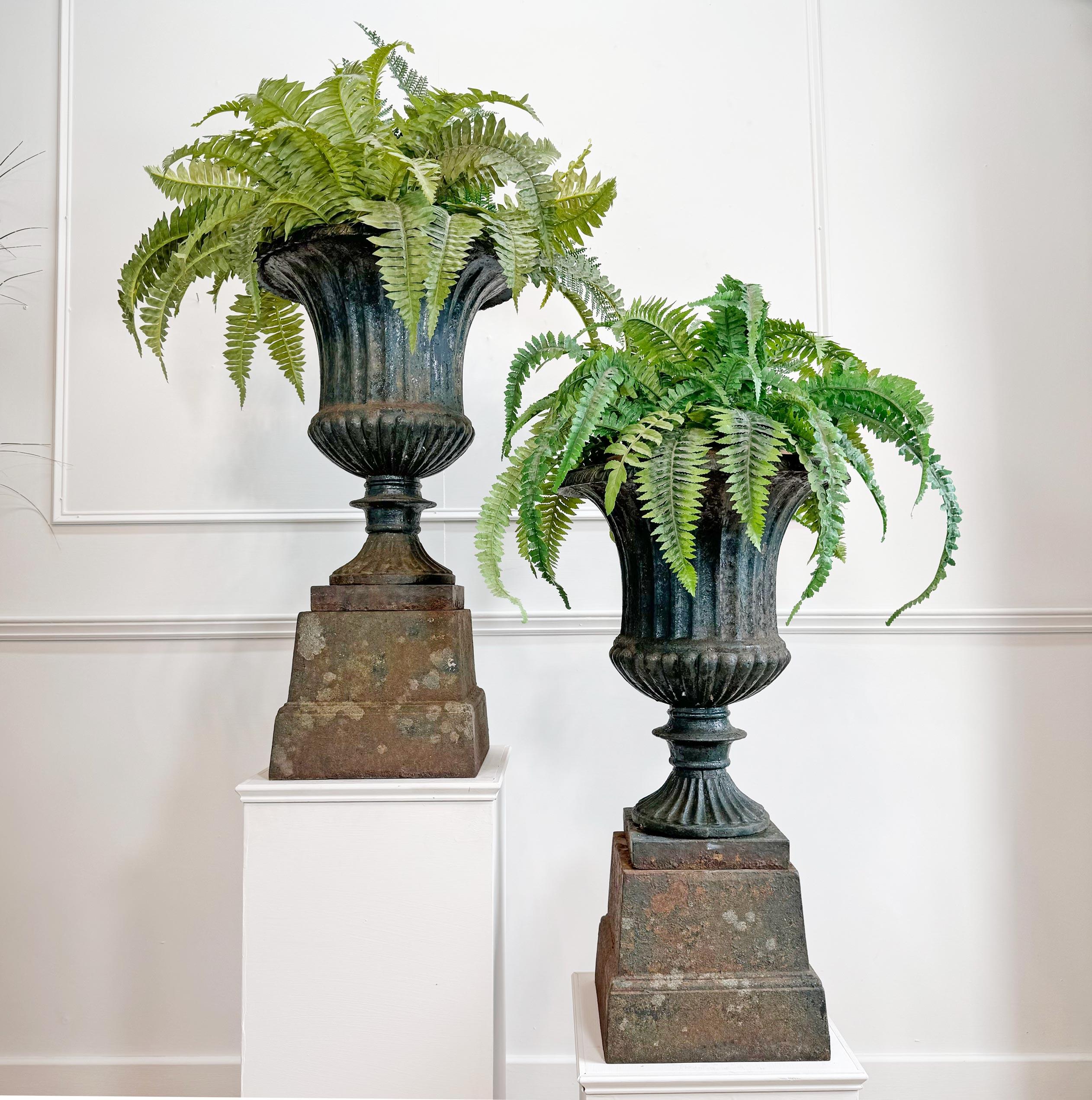 A matched pair of later Victorian cast iron Campana Urns on their original plinths in a beautifully worn deep green paint, circa 1880. Very old repair to the inside rim of one of the urns, all present and correct.

Each of the plinths have unusual