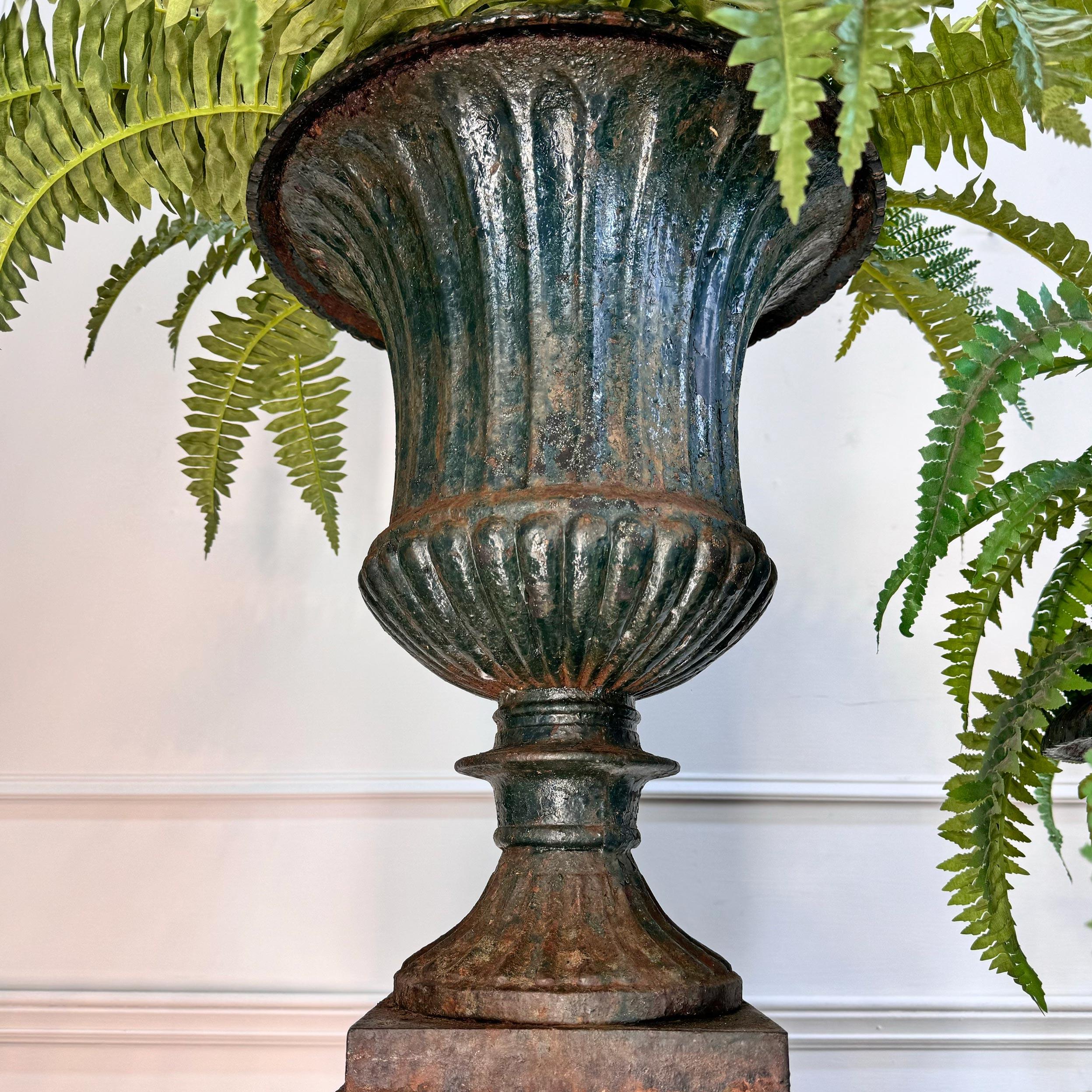 Regency Pair of High Victorian Cast Iron Campana Urns on Plinths For Sale