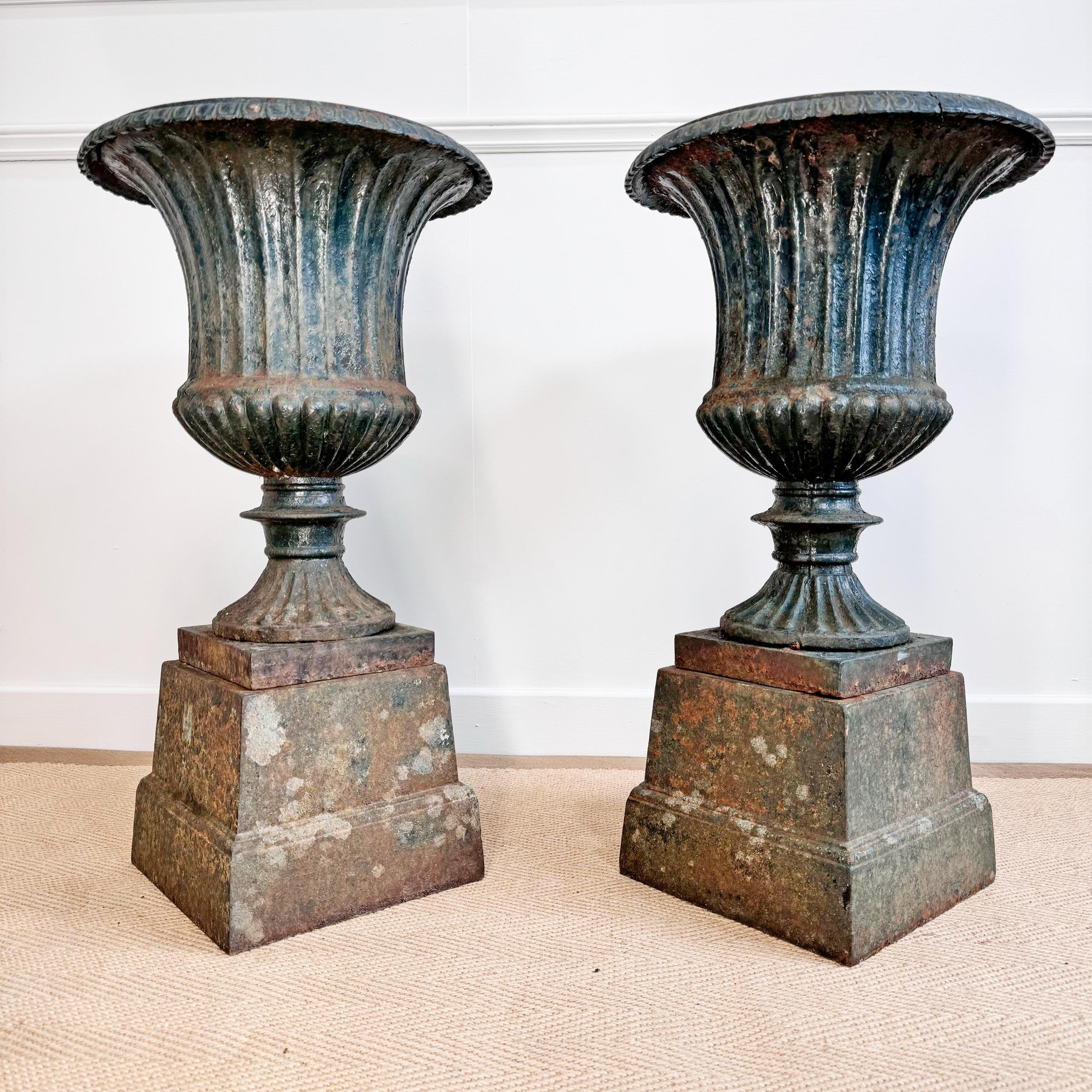 English Pair of High Victorian Cast Iron Campana Urns on Plinths For Sale