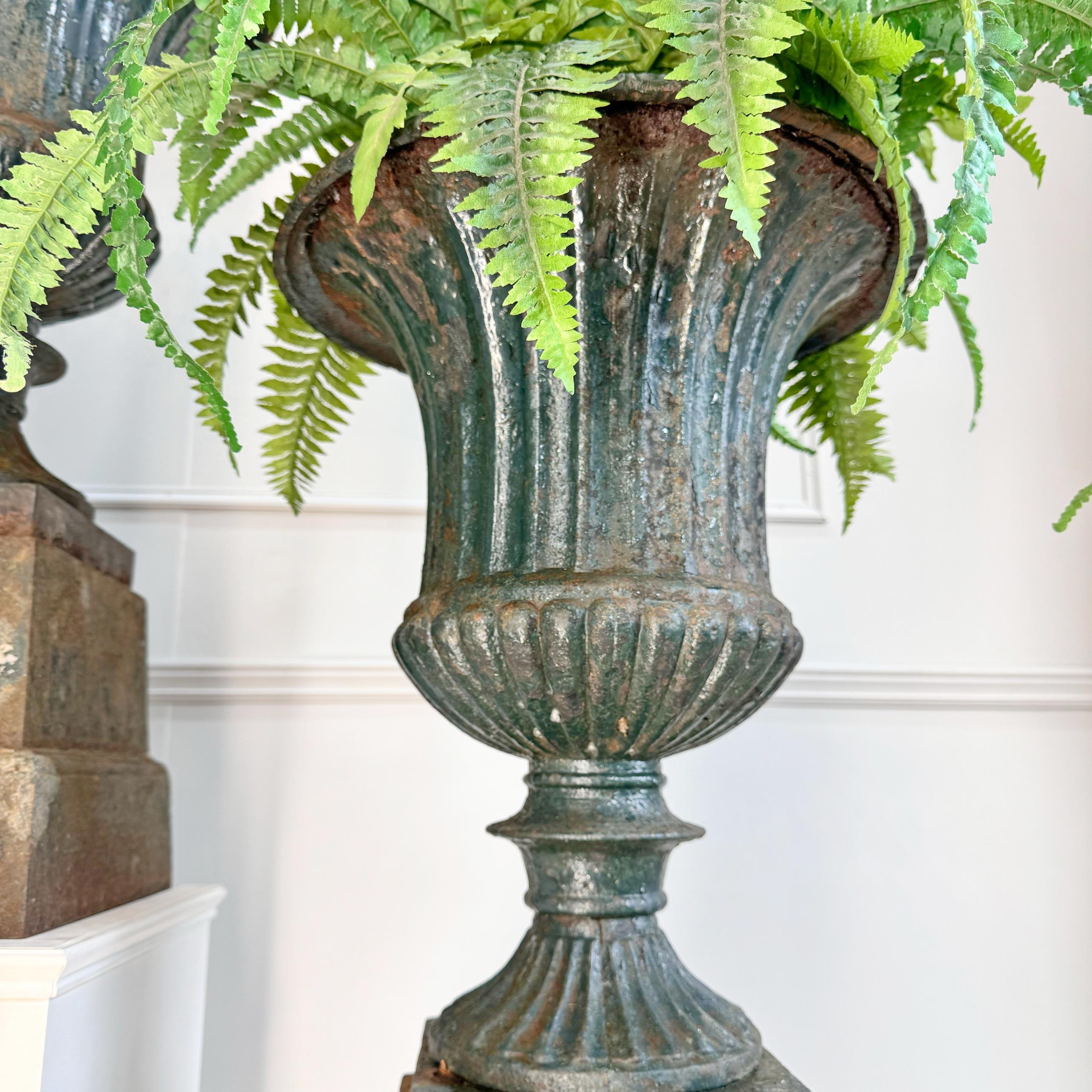 Pair of High Victorian Cast Iron Campana Urns on Plinths In Good Condition For Sale In Hastings, GB