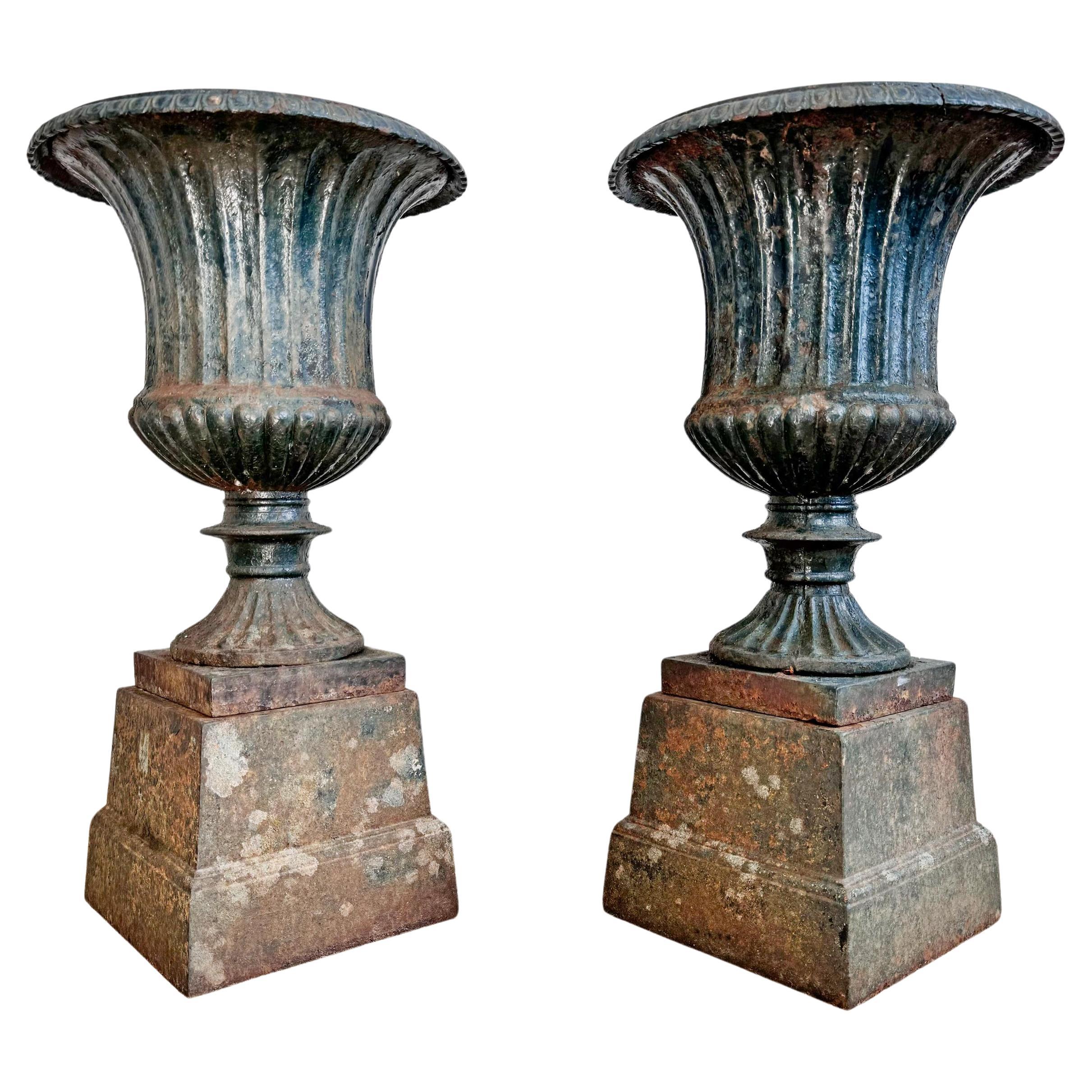 Pair of High Victorian Cast Iron Campana Urns on Plinths For Sale