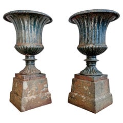 Pair of High Victorian Cast Iron Campana Urns on Plinths