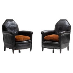 Pair of Highback Leather Armchairs, France Circa 1925