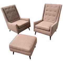 Pair of Highback Paul McCobb Style Lounge Chairs and Ottoman