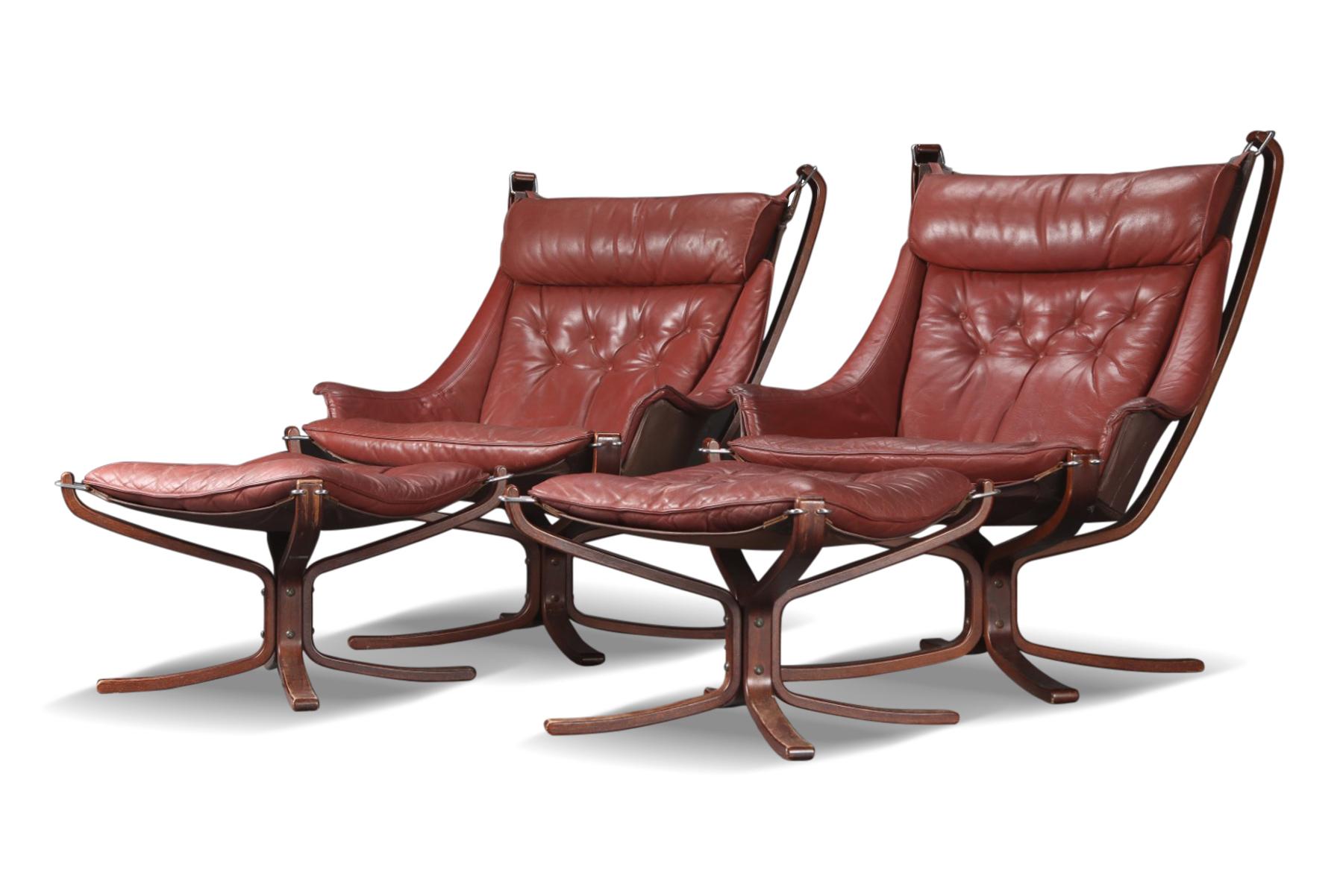Norwegian Pair of Highback Winged Falcon Chairs with Ottomans in Rust Leather