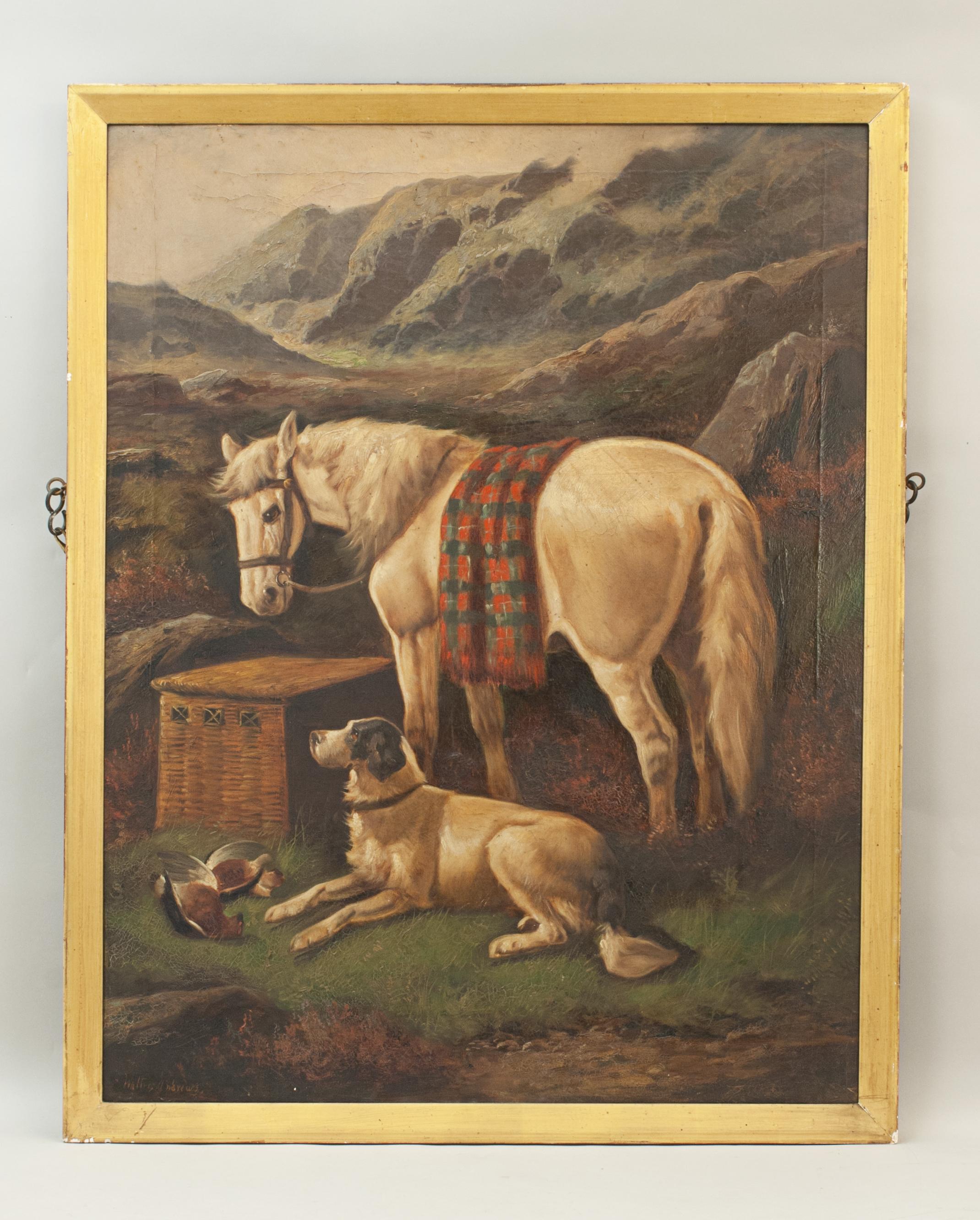 Pair of Highland Shooting Oil Paintings with Gun Dogs & Ponies by Walter Andrews 8