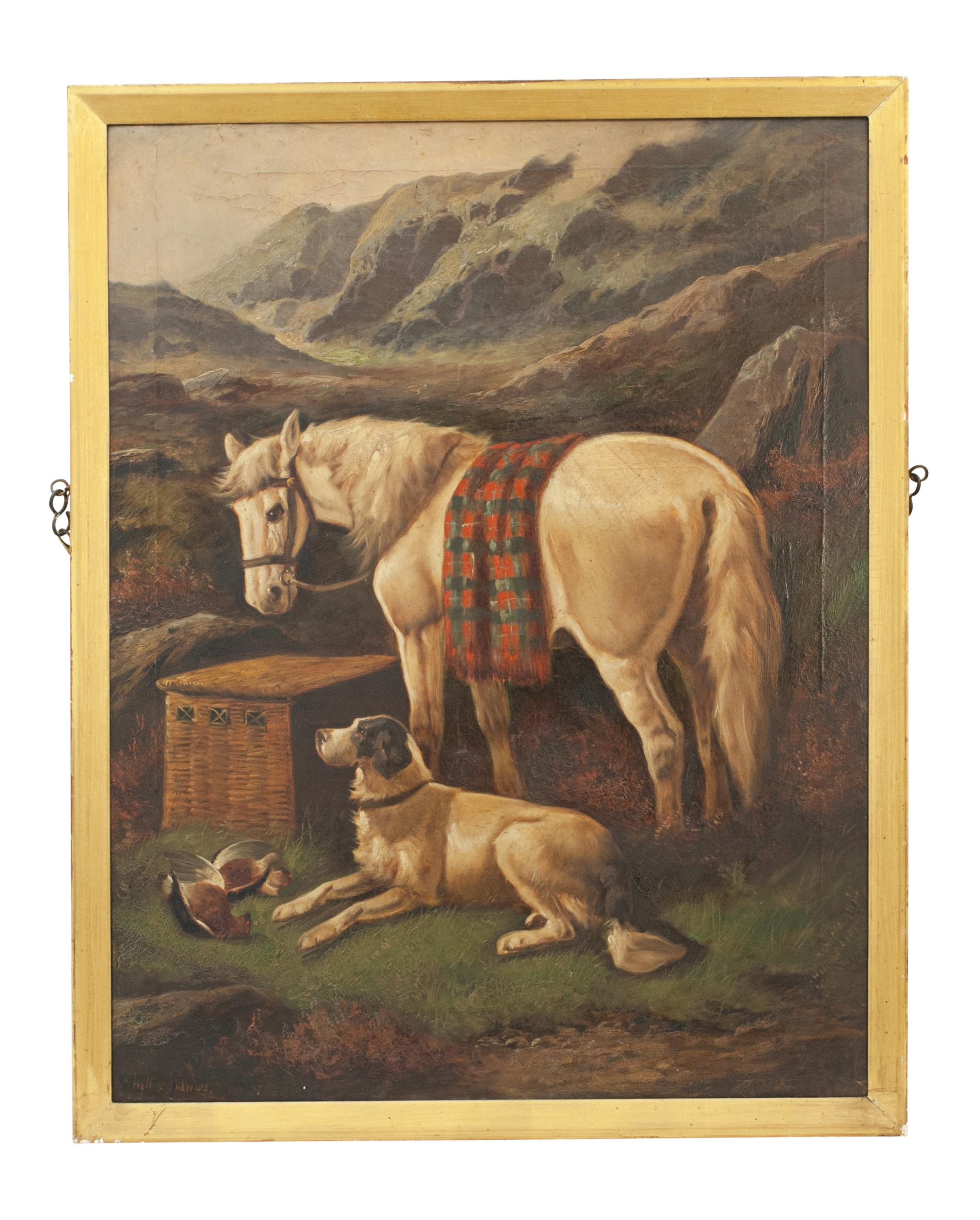 Pair of highland shooting oil paintings with gun dogs and ponies by Walter Andrews.
Stunning pair of oil on canvas highland shooting paintings in the style of John Morris. The paintings depict ponies, game, stag and hunting dogs in highland