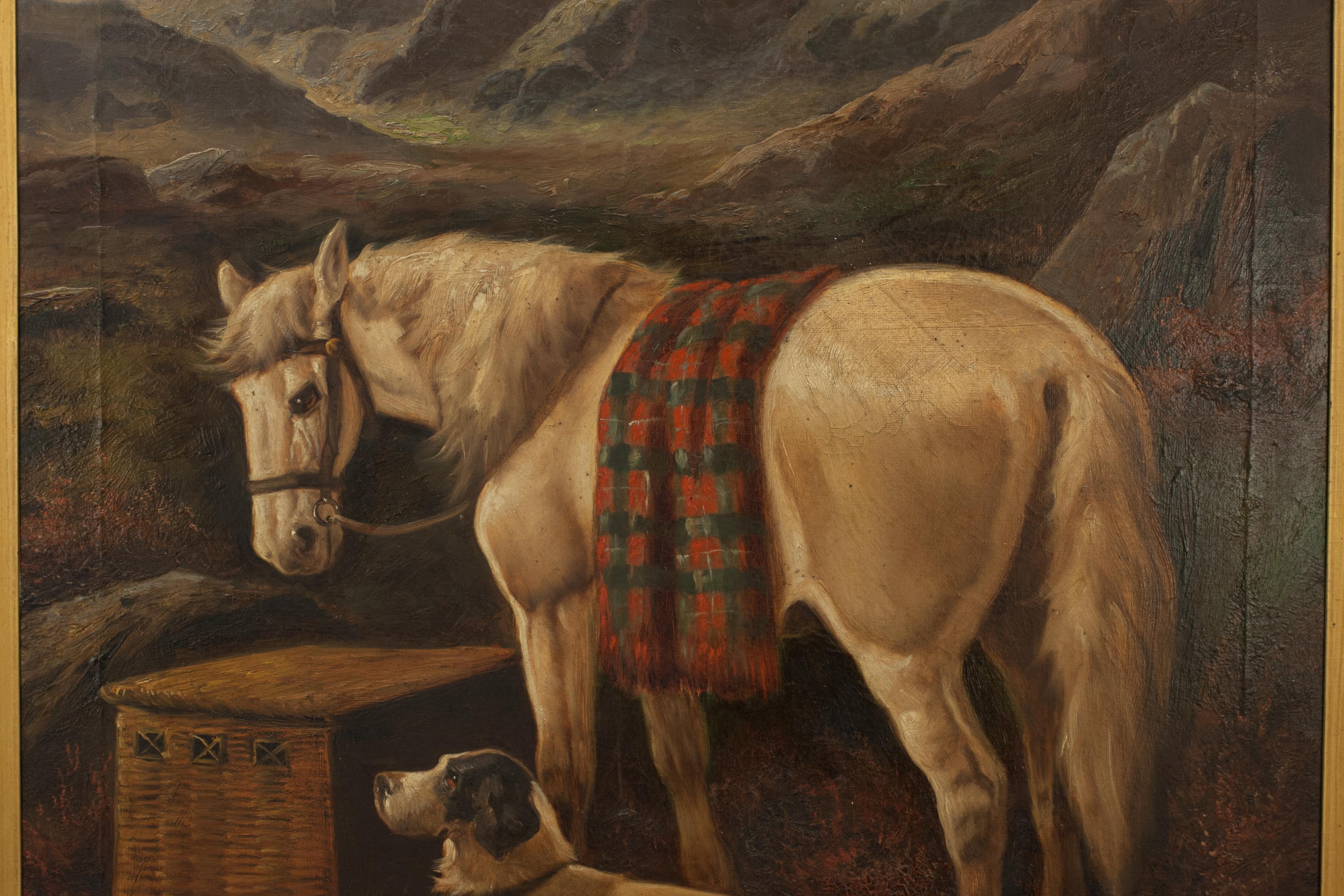 Sporting Art Pair of Highland Shooting Oil Paintings with Gun Dogs & Ponies by Walter Andrews