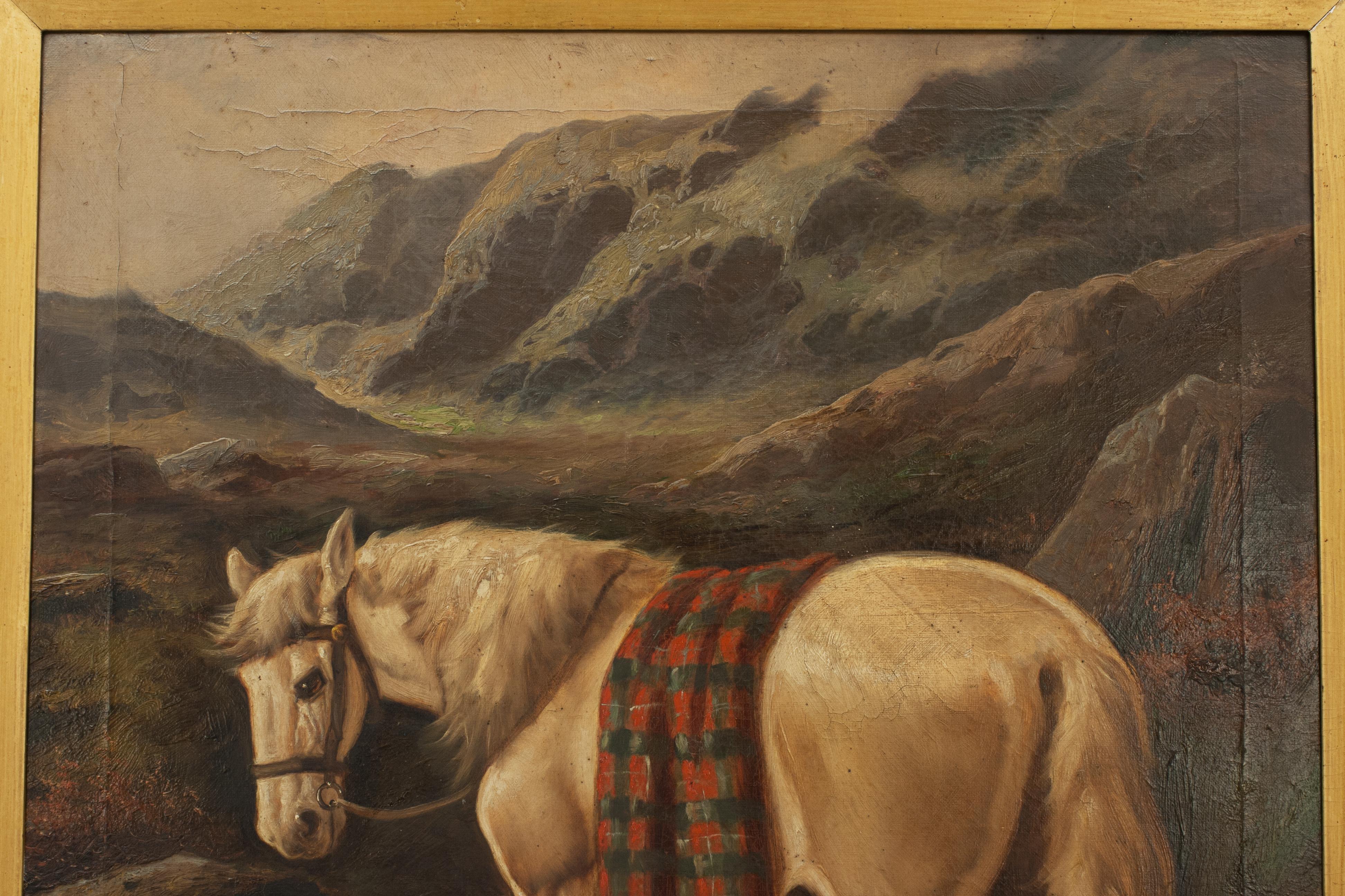 British Pair of Highland Shooting Oil Paintings with Gun Dogs & Ponies by Walter Andrews