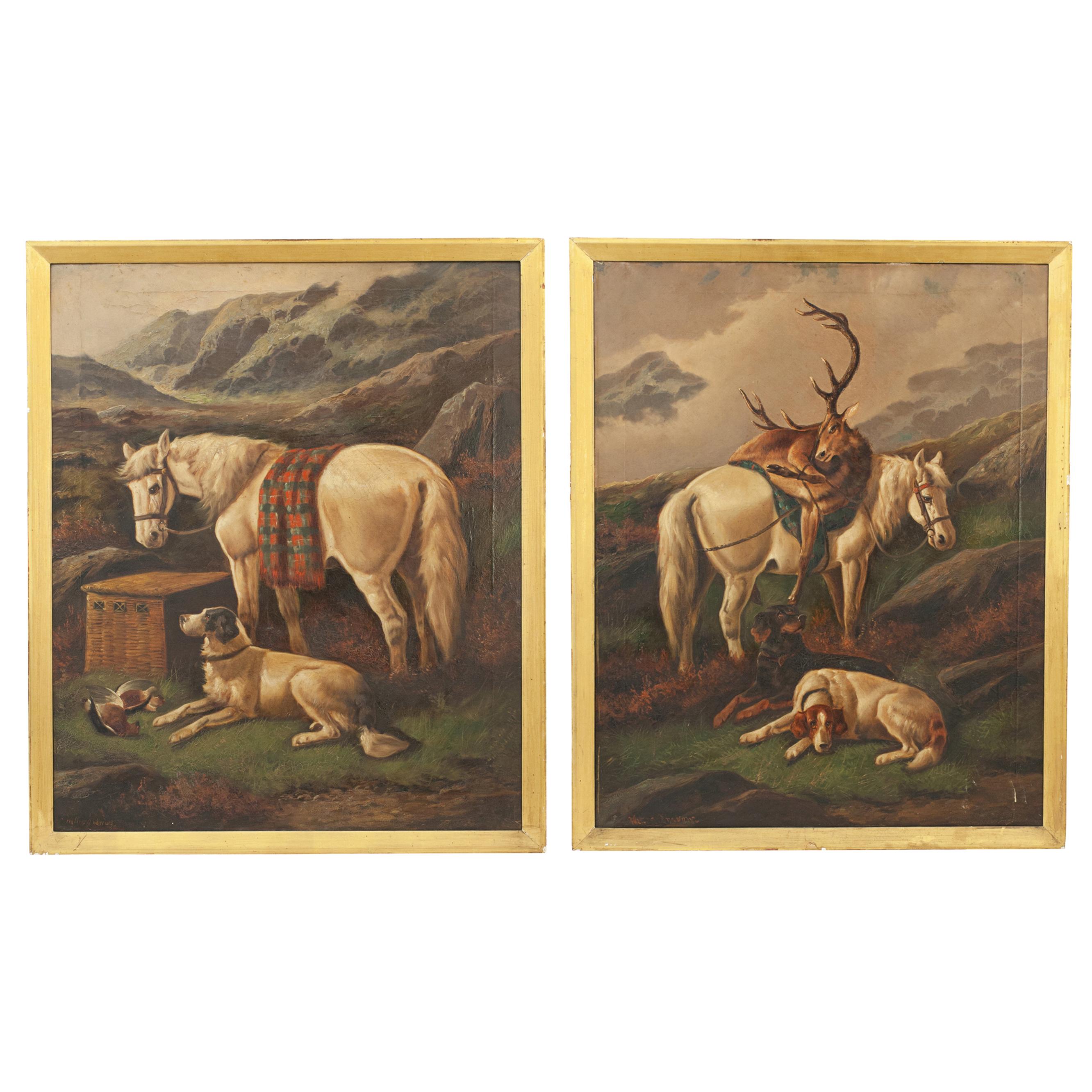 Pair of Highland Shooting Oil Paintings with Gun Dogs & Ponies by Walter Andrews