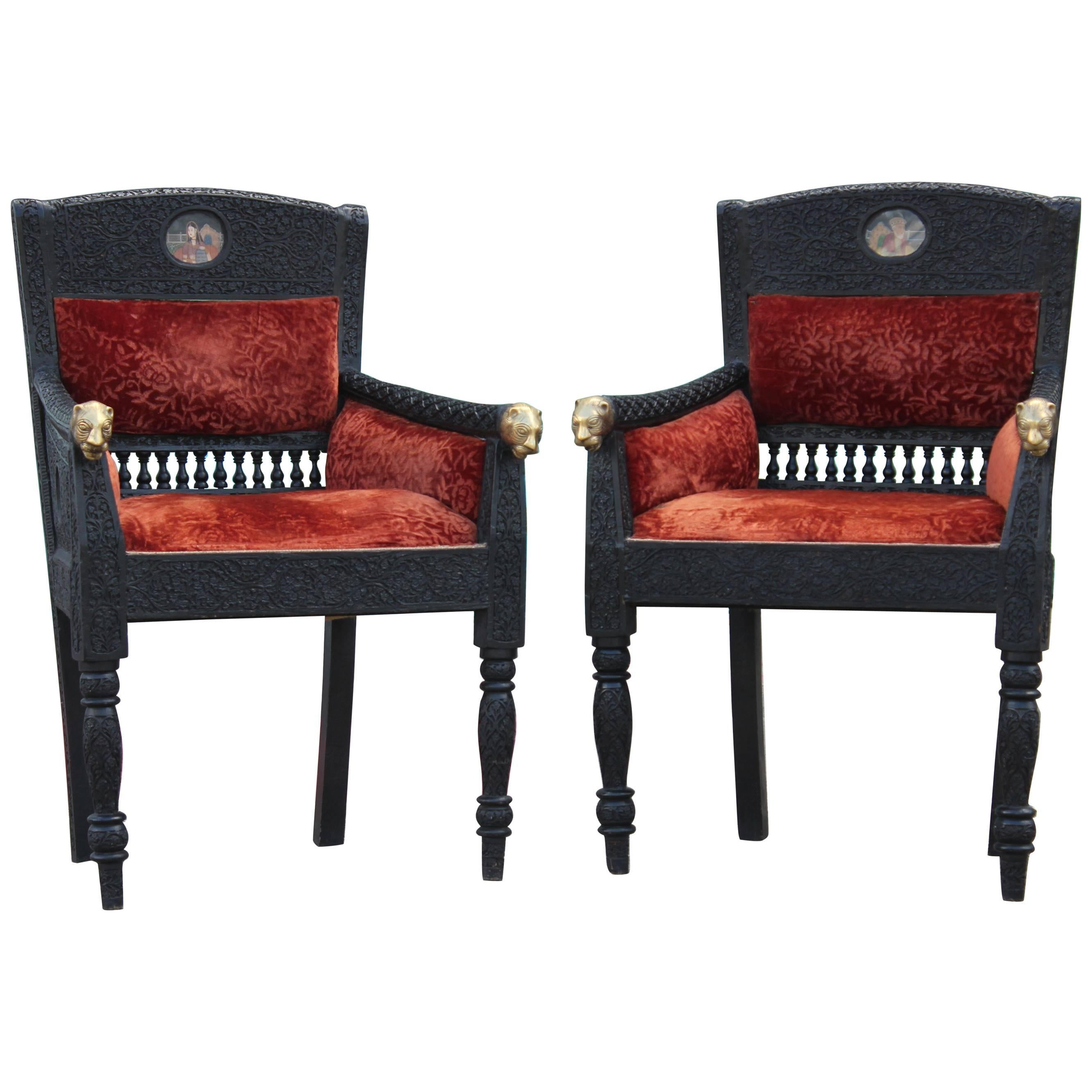 Pair of Highly Carved Anglo Indian Lounge Chairs with Brass Tiger Heads