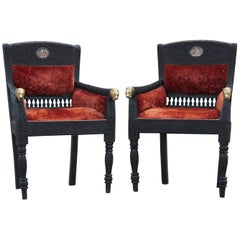 Pair of Highly Carved Anglo Indian Lounge Chairs with Brass Tiger Heads