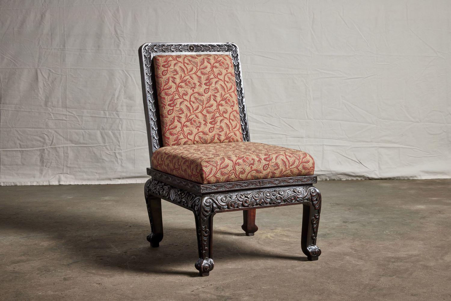 Wood Pair of Highly Carved Asian Slipper Chairs