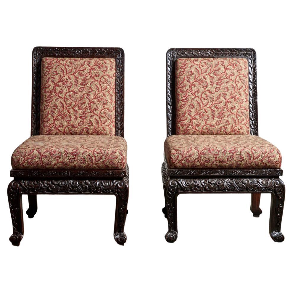 Pair of Highly Carved Asian Slipper Chairs