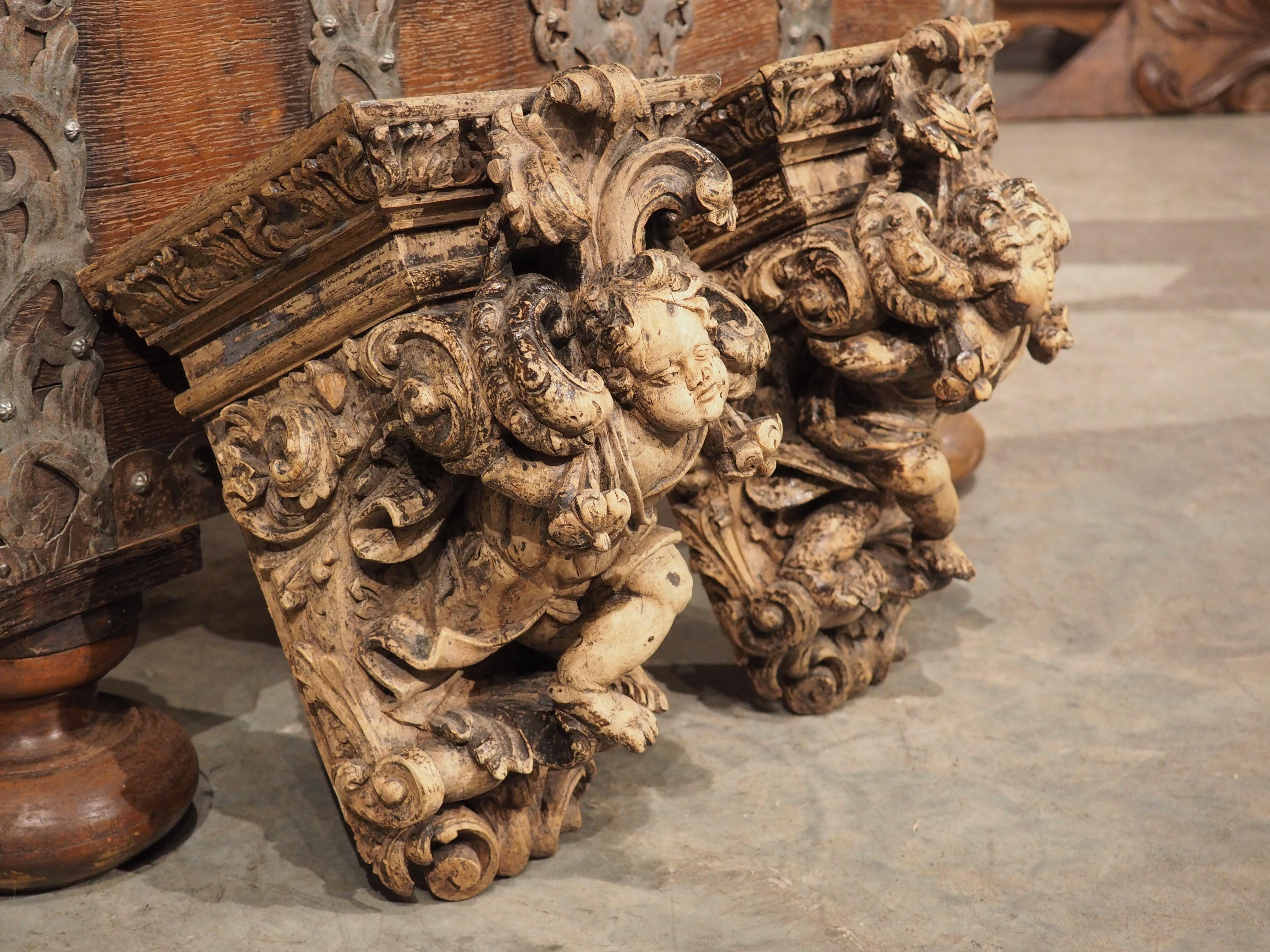 Pair of Highly Carved Partially Stripped French Oak Cherub Brackets, C. 1850 For Sale 3