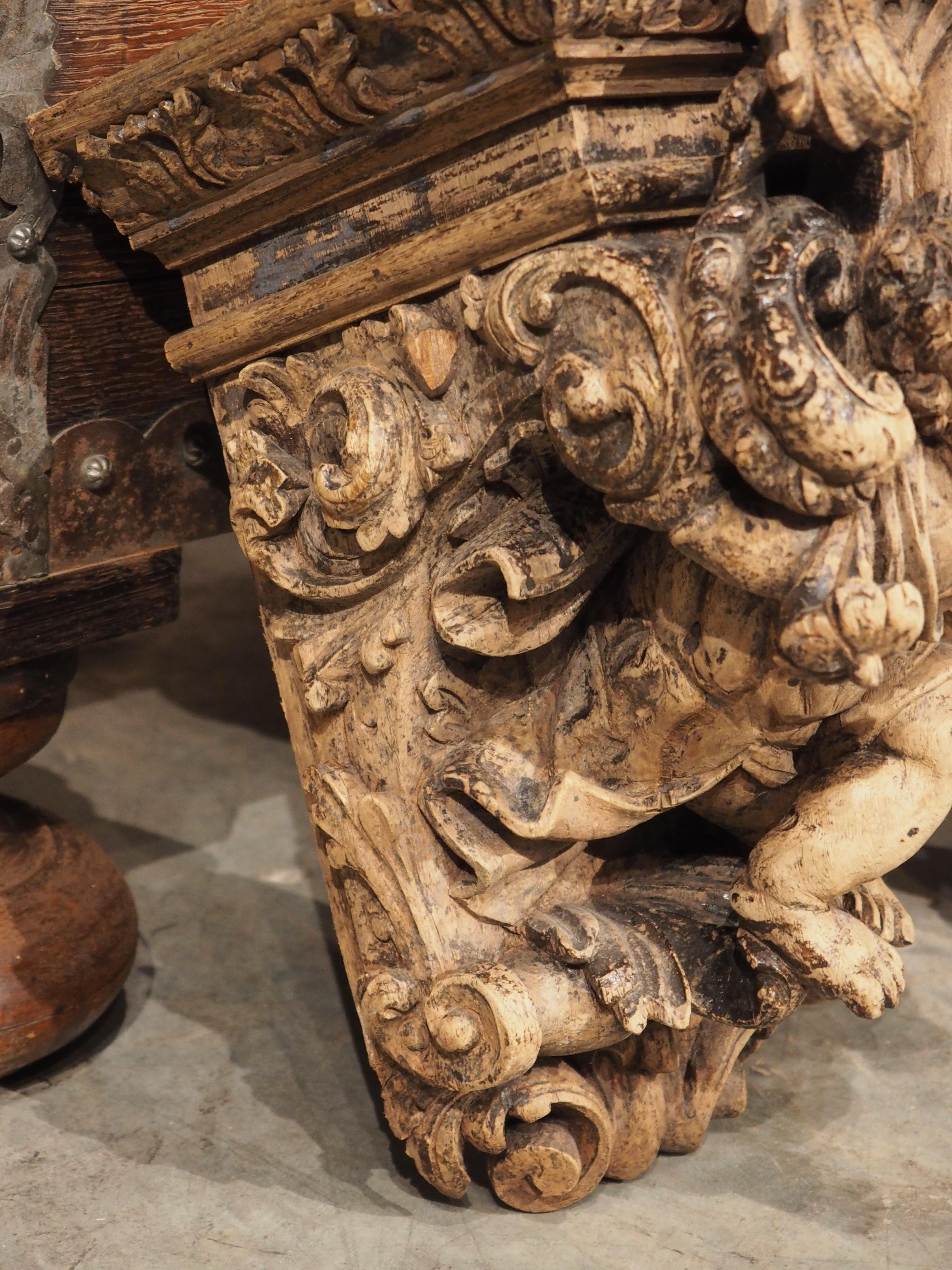 Pair of Highly Carved Partially Stripped French Oak Cherub Brackets, C. 1850 For Sale 4