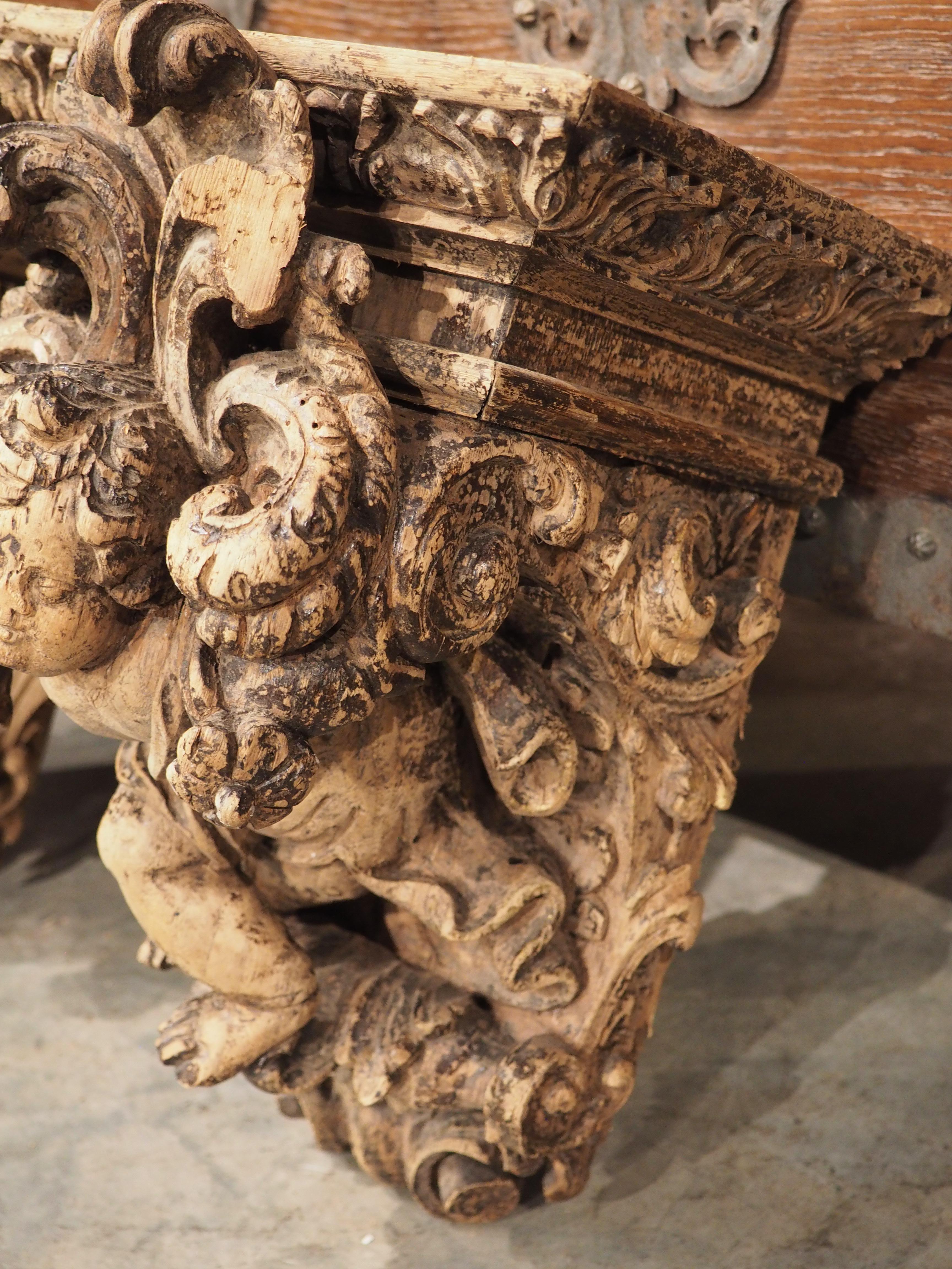 Pair of Highly Carved Partially Stripped French Oak Cherub Brackets, C. 1850 For Sale 5