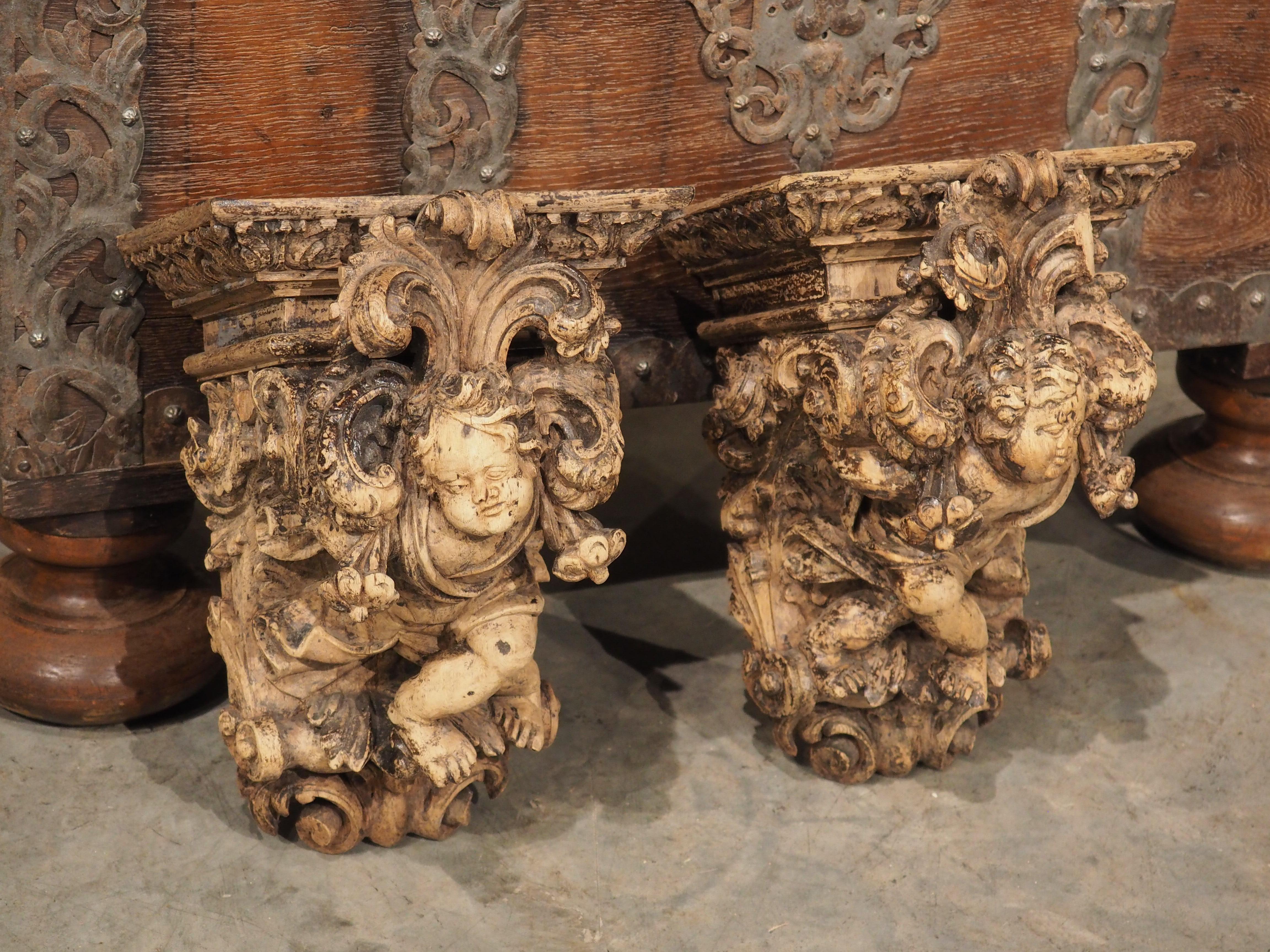Pair of Highly Carved Partially Stripped French Oak Cherub Brackets, C. 1850 For Sale 6