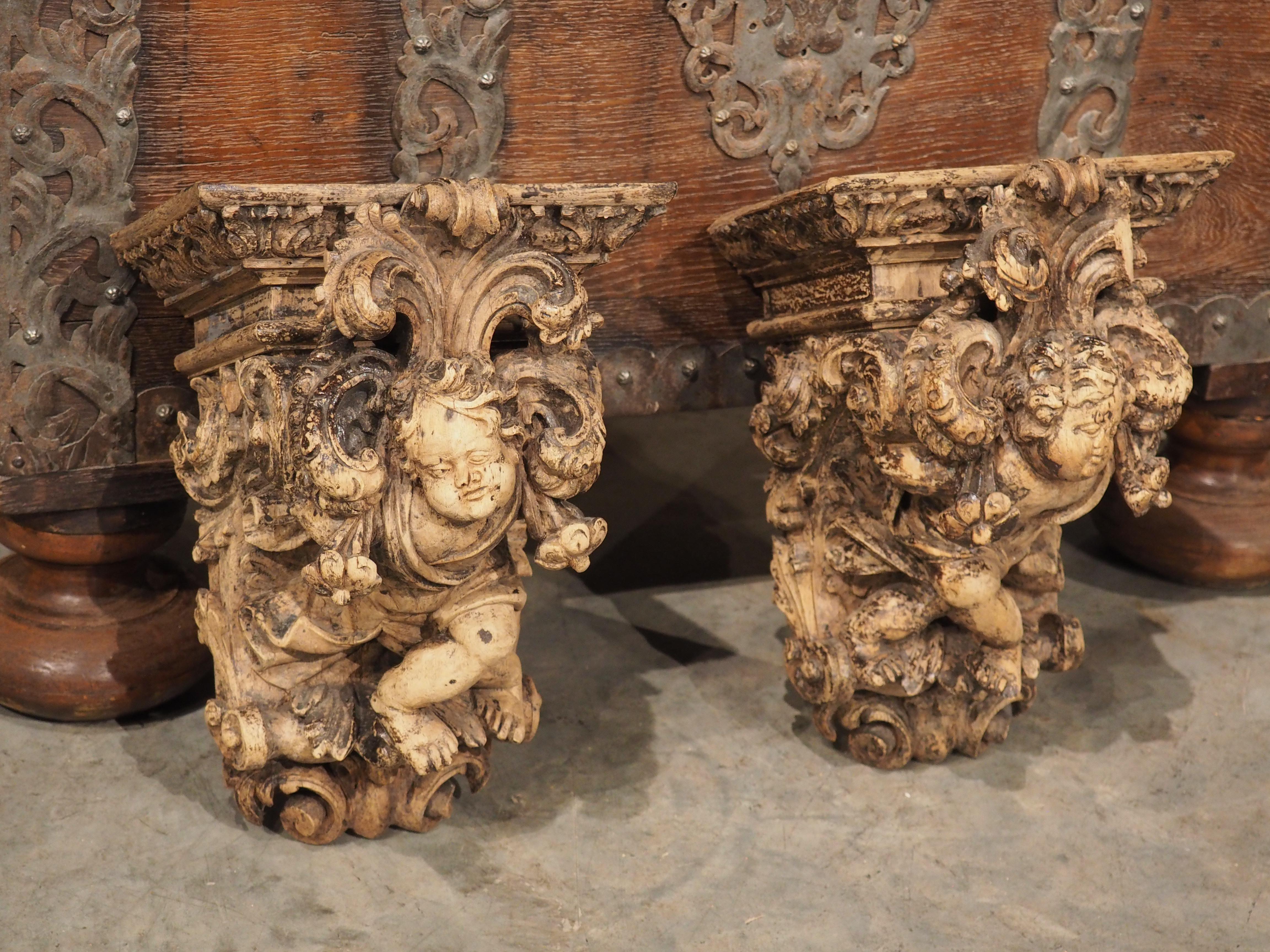 Pair of Highly Carved Partially Stripped French Oak Cherub Brackets, C. 1850 For Sale 7