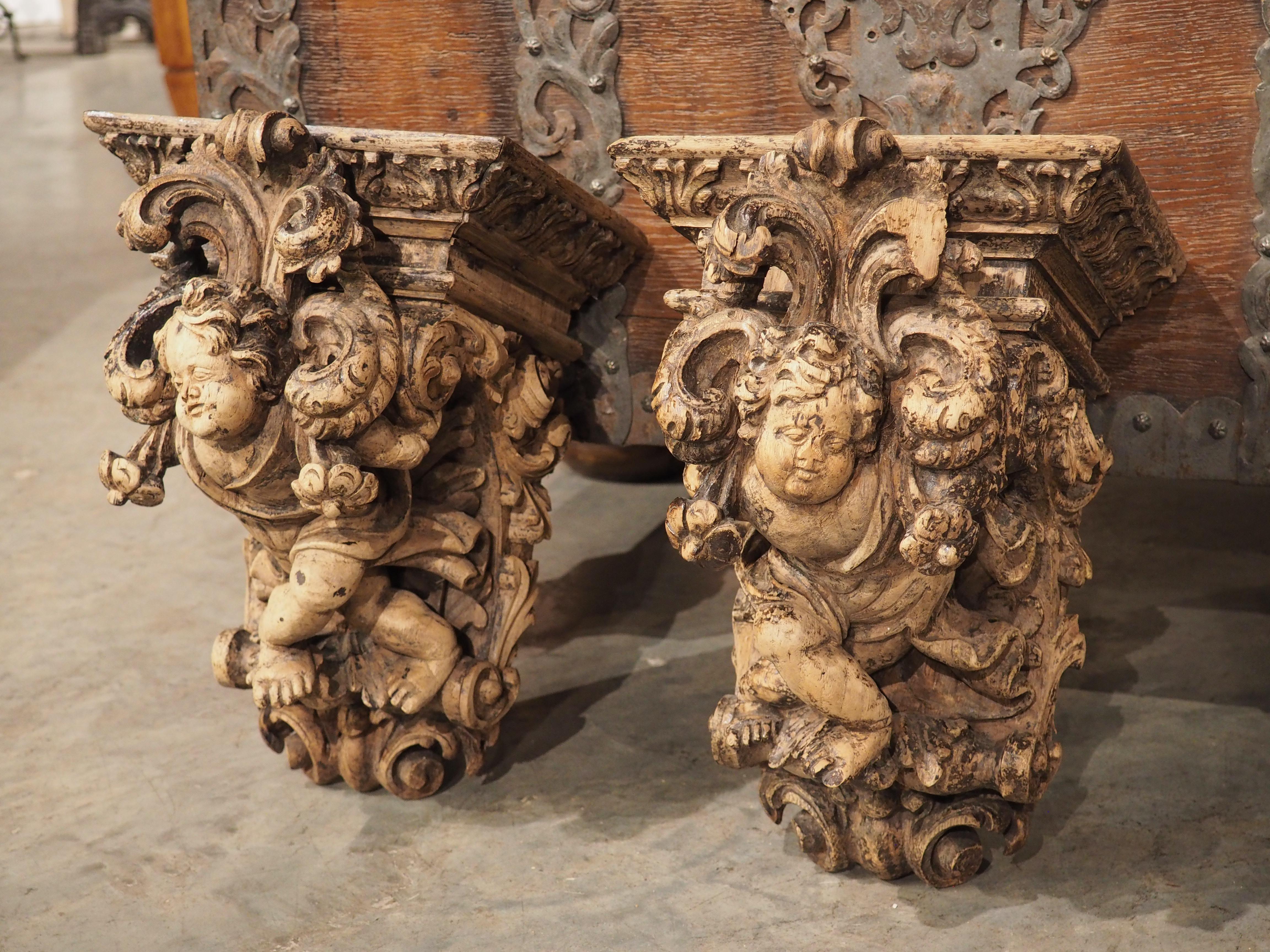 Pair of Highly Carved Partially Stripped French Oak Cherub Brackets, C. 1850 For Sale 9