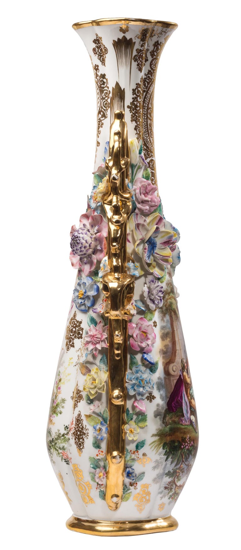 Pair of Highly Decorated Rococo Style French Porcelain Vases, Att