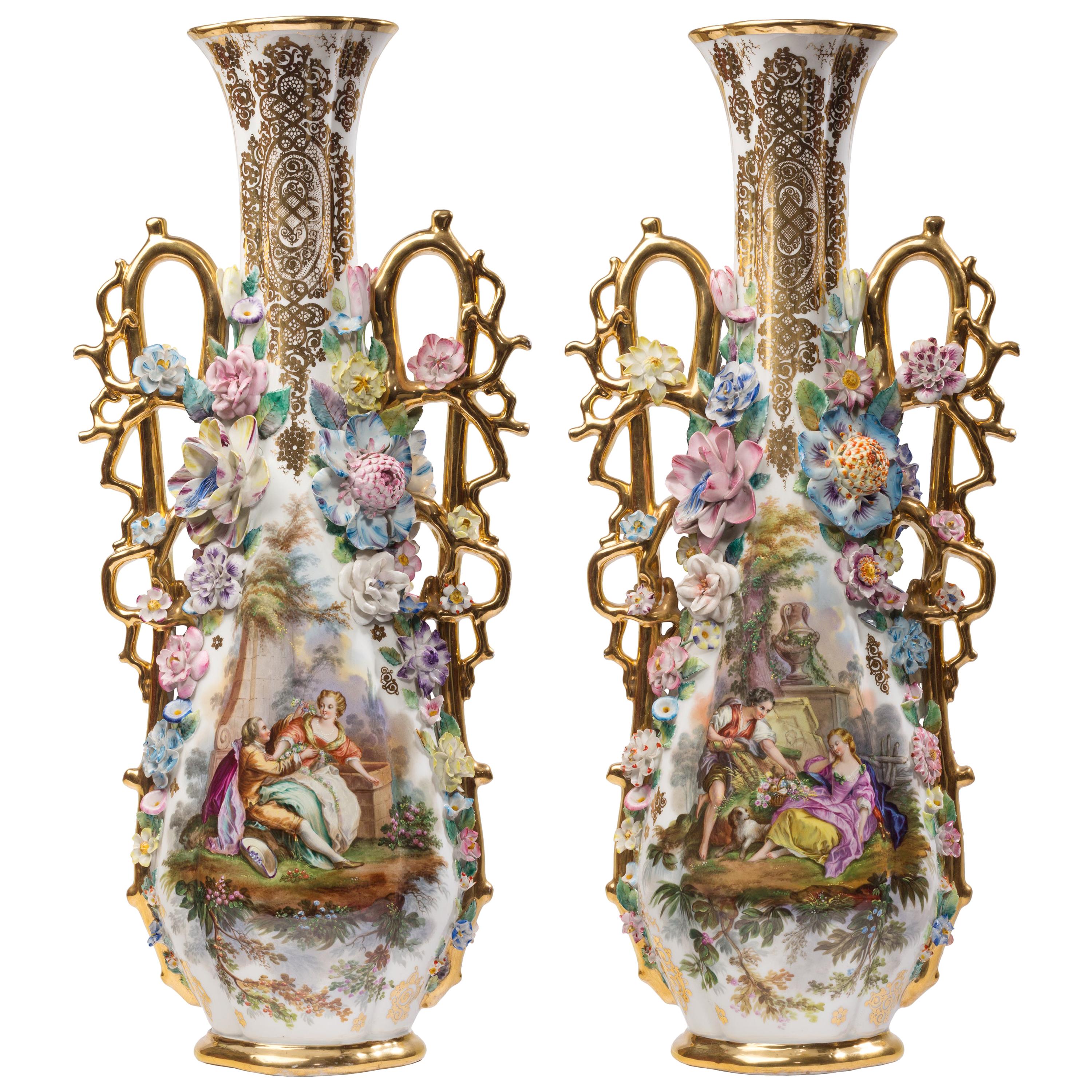 Pair of Highly Decorated Rococo Style French Porcelain Vases, Att. Jacob Petit For Sale