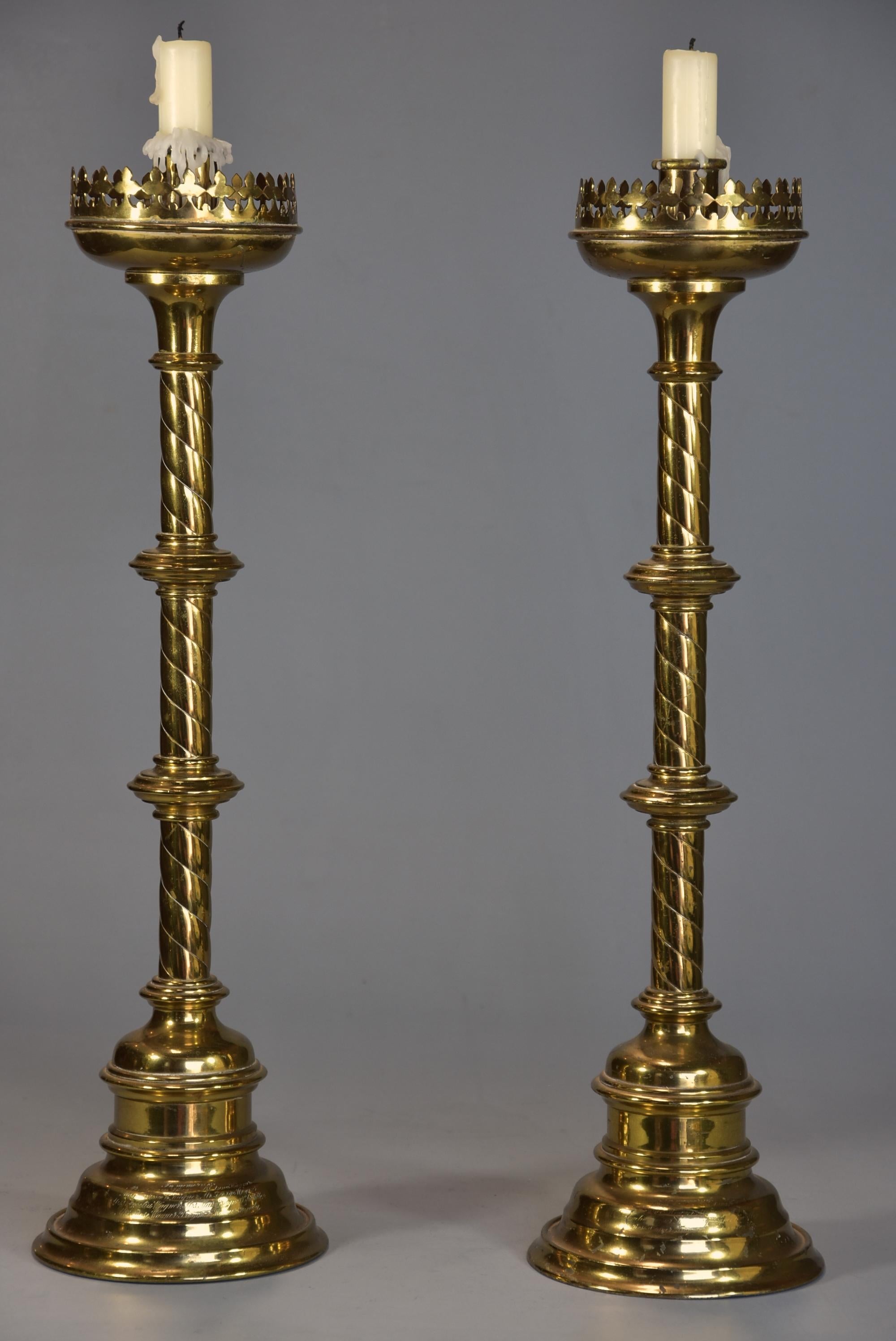 English Pair of Highly Decorative Late 19th Century Gothic Style Brass Candlesticks