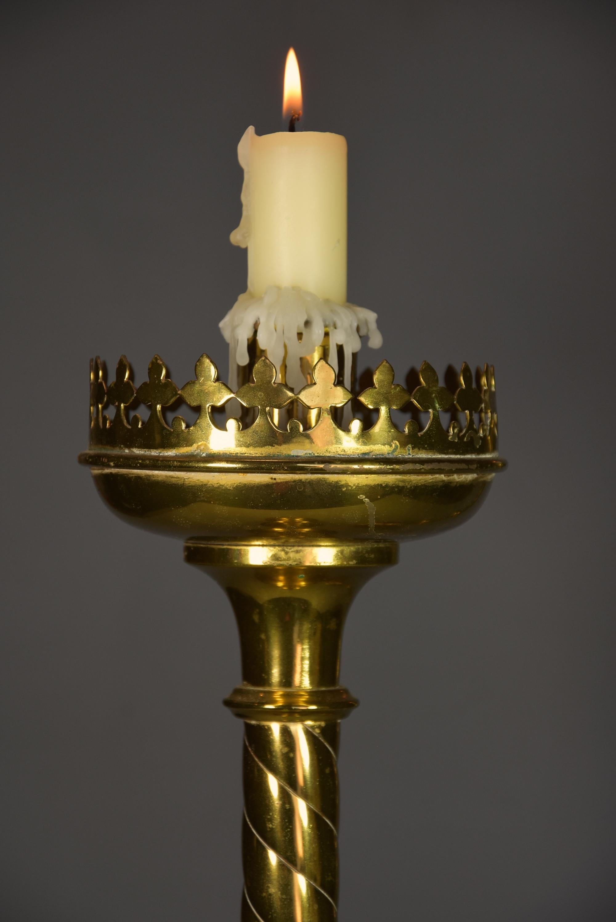 Pair of Highly Decorative Late 19th Century Gothic Style Brass Candlesticks In Good Condition In Suffolk, GB