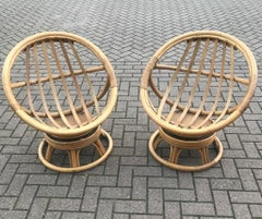 Pair of Highly Decorative Midcentury Bamboo & Rattan Easy Chairs with Sheepskins